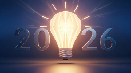 Illuminated lightbulb shaped like a diamond, with the year 2026 displayed nearby.