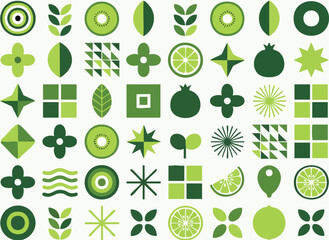 Green icons collection in modern minimalist style with various shades of green color on white background for graphic design