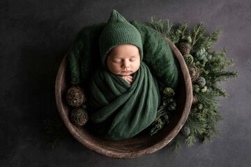 Swaddled newborn in a timber bowl green tones.