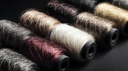 Luxury threads and high quality yarns on spools in various colors and textures arranged on a dark background with textile material and fashion design