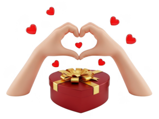 Hands forming heart shape around gift box isolated on transparent background