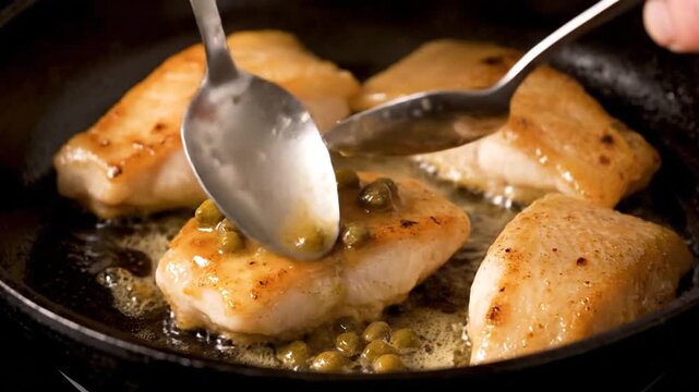 Fish Fillets Sizzling in Pan With a Spoonful of Caper Sauce Over Golden Seared White Fish Ready to Serve in a