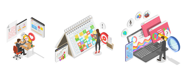 Fototapeta premium 3D Isometric Flat Illustration of Social Media Marketing, Communication, Promotion Strategy