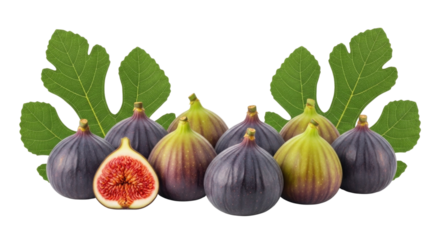 Fresh figs with leaves transparent background cutout png