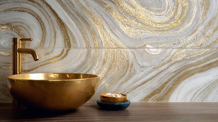 Luxurious gold bathroom sink with modern faucet and marble wall background for high end interior design and luxury lifestyle with luxury bathroom