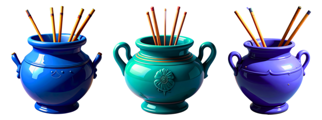 PNG Blue ceramic incense burner 3d icon for Chinese New Year ritual and tradition, element set on transparent background 