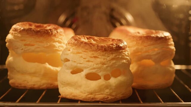 Golden Baked Vol-au-vents Puff Pastries Cooking In Oven With Even Lighting Warm Tone Background Preparation Of