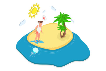3D Isometric Flat  Illustration of Dangers Of The Sea, Child Endures Jellyfish Attack © TarikVision