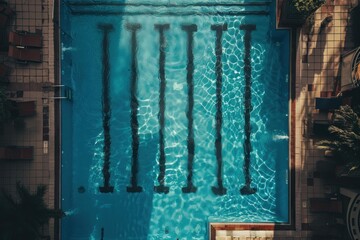 Top view of rippling water surface with black lane markers in swimming pool of hotel building