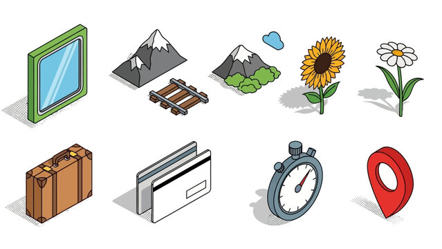 Colorful isometric icon set: nature, travel, and time elements