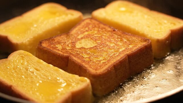 Golden Brown French Toast Sizzling in Pan With Butter For Breakfast Food Background High Angle Shot Delicious Morning