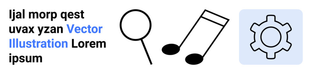 Magnifying glass, music note, and gear icon with placeholder text. Ideal for technology, music, education, search, innovation, engineering design concepts and a simple landing page