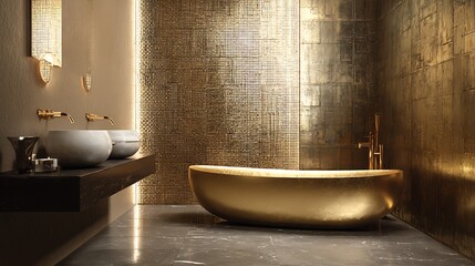 Luxurious modern bathroom interior with gold bathtub and double sink vanity with luxury bathroom and interior design and luxurious interior and high end bathroom