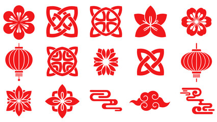 Set of Chinese New Year symbols and patterns in red
