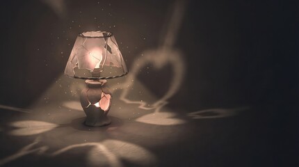 Cracked vintage lamp with warm glowing light in dark room