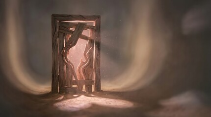 Rustic wooden door ajar with warm light spilling out