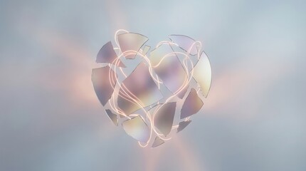 Shattered heart with neon light trails on pastel background