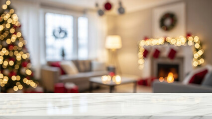 Cozy living room decorated for Christmas with festive lights and ornaments.