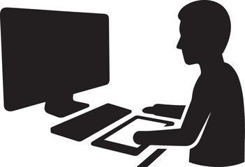 Man working on laptop silhouette in office