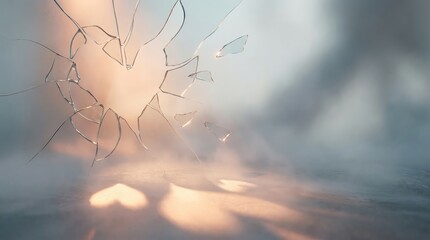 Broken glass with warm light shining through cracks