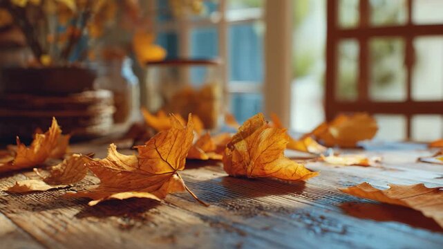 4K Autumn leaves on a rustic wooden table in a cozy indoor setting, bathed in warm sunlight, evoking a sense of fall and comfort video
