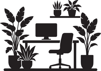 Modern office interior design with green plants, wooden furniture, table, chairs, and natural light from window in a stylish room decorModern office interior design with green plants, wooden furniture