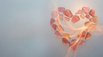 Glowing pink and orange heart made of stones with light trails