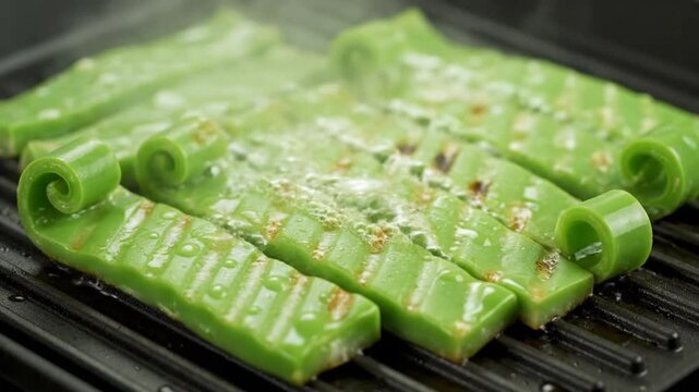 Grilled Young Fern Shoots on a Hot Grill Pan in Close Up View Cooking Green Coiled Fiddleheads Food Preparation High