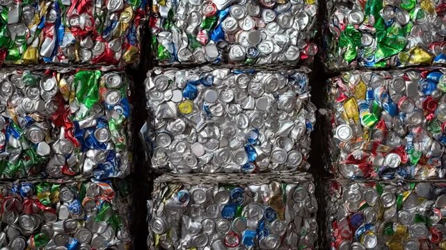 Medium shot showcasing a bale press compacting aluminum cans into tight metallic bales to optimize space and enhance recycling processes