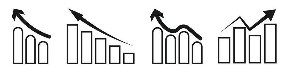 Black and white graphic showing a rising bar chart with an upward trending arrow symbolizing growth
