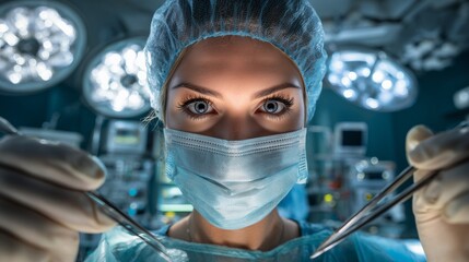 Professional surgeon wearing scrub, cap, and mask performing a procedure in clinic