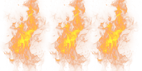 A vibrant and dramatic illustration of three identical flames on a transparent background