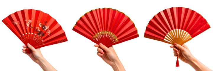 PNG Hand holding traditional red fan for chinese new year, element set on transparent background 