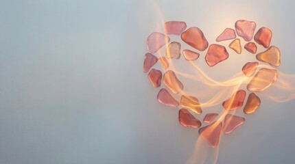 Heart shaped pink and orange sea glass on gray background