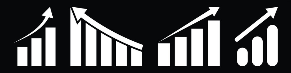 Black and white graphic showing a rising bar chart with an upward trending arrow symbolizing growth