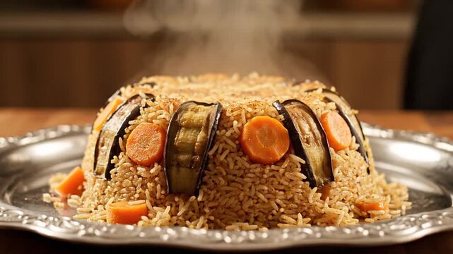 Maqluba Aromatic Rice Dish with Eggplant and Carrots on Silver Plate Delicious Middle Eastern Cuisine Steaming Table