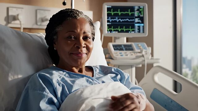 Smiling Patient in Hospital Bed - A cheerful woman lies in a hospital bed, wearing a light blue gown with a medical bandage on her hand.