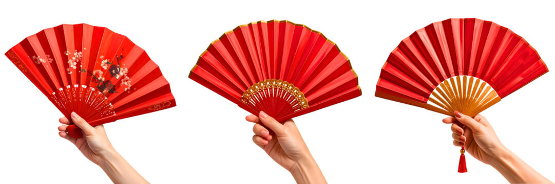 PNG Hand holding traditional red fan for chinese new year, element set on transparent background 