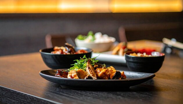 Culinary Artistry: An artfully arranged selection of diverse dishes on a sleek table in a softly lit restaurant environment.