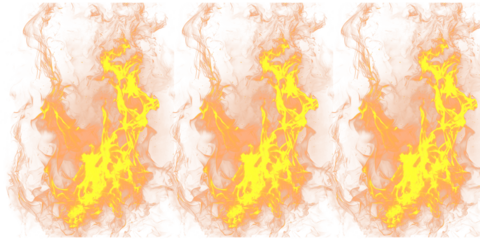 A vibrant and dramatic image of multiple skulls engulfed in flames on transparent background