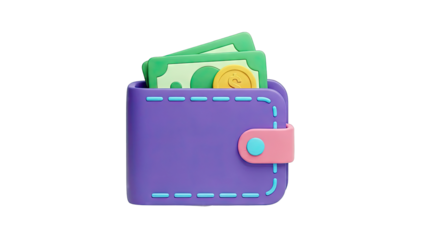 3D Purple Wallet with Money and Coin