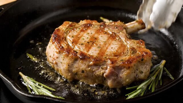 Pan-Seared Herb-Crusted Pork Chop with Rosemary Sprigs Garnishing in a Cast Iron Pan Sizzling with Oil on Dark