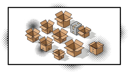 Isometric open cardboard boxes with halftone shadow in comic style