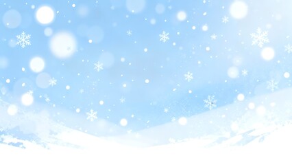 An abstract blue Christmas background features a festive winter design with glowing bokeh lights and white snowflakes falling across a cold seasonal sky for a holiday celebration card