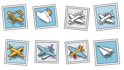 Retro aviation stickers: vibrant vintage aircraft and cloud designs © markusmiller