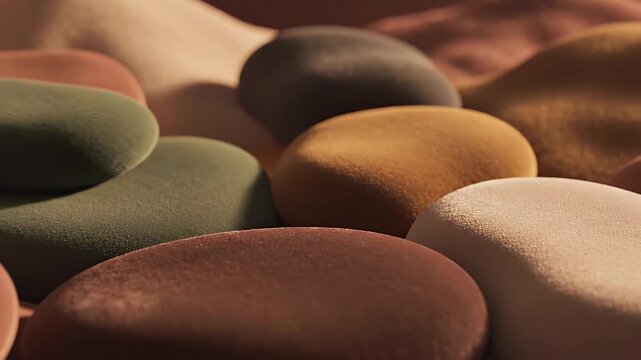 Close-Up of Colorful Smooth Pebbles - A detailed close-up of various smooth pebbles arranged together, showcasing a range of earthy colors including green, brown, and beige.