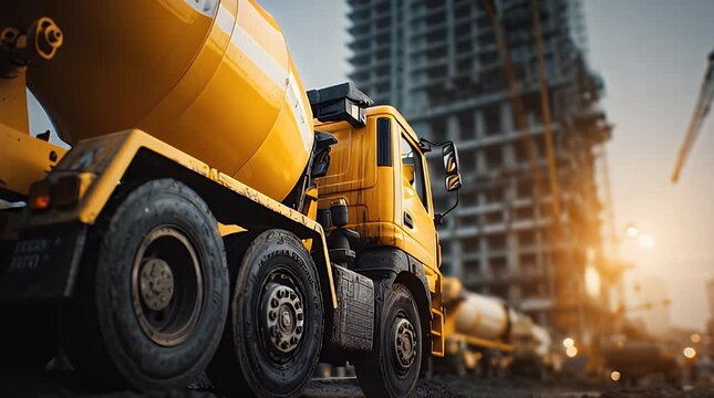 A large yellow cement mixer truck on a construction site with a tall building and crane in the background at sunset