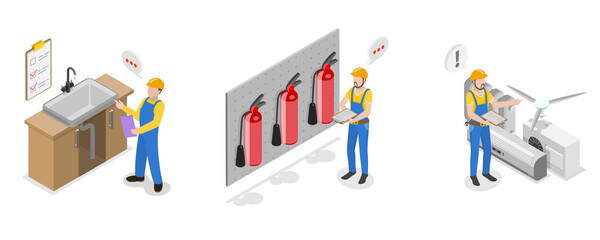 3D Isometric Flat  Illustration of Safety Regulations and Health Inspection, Utilities Inspection