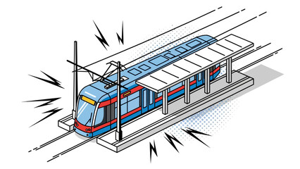 Isometric tram design at a modern station with dynamic motion lines