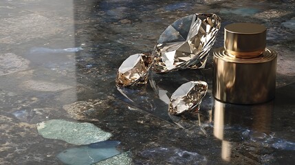 Luxurious perfume bottle with large diamonds on dark marble background evoking opulence and sophistication in a high end jewelry or beauty setting with elegant reflections